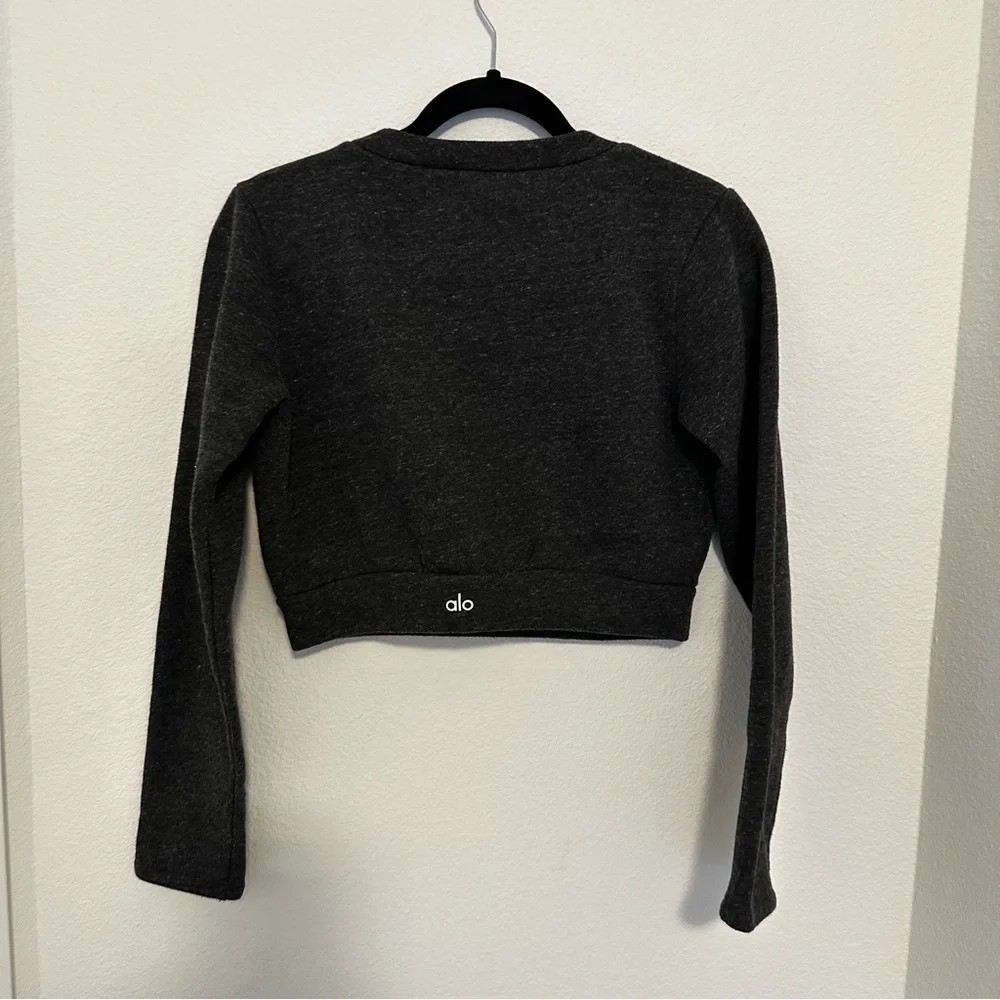ALO Yoga Elite Long Sleeve Crop Top Sweatshirt Fleece Lined Charcoal Size Small